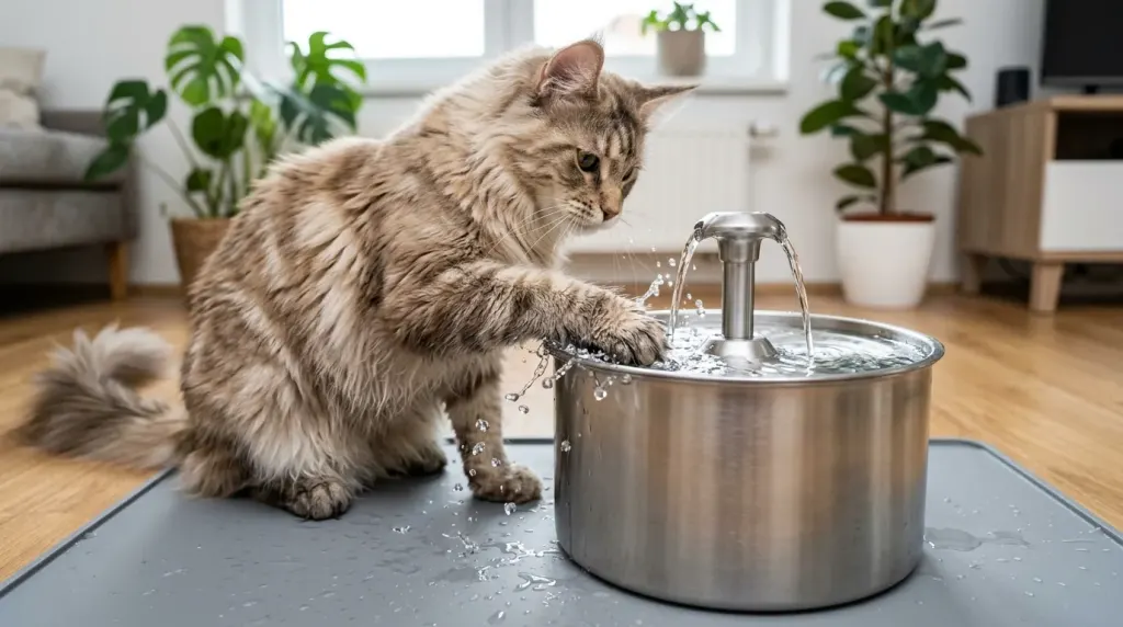 A Maine Coon cat playing near a circulating pet water fountain on a silicone mat