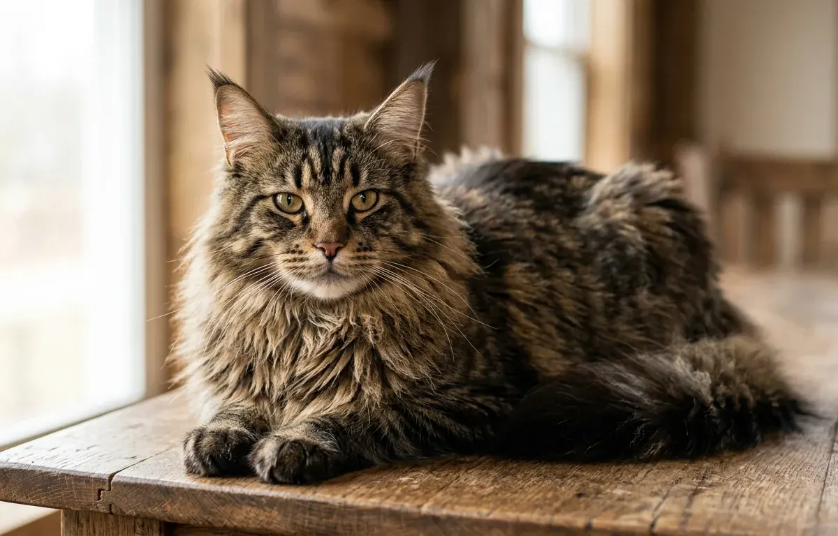 A majestic adult Maine Coon cat with a dense double coat and prominent ear tufts resting on a wooden table.