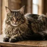 A majestic adult Maine Coon cat with a dense double coat and prominent ear tufts resting on a wooden table.