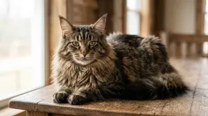 A majestic adult Maine Coon cat with a dense double coat and prominent ear tufts resting on a wooden table.