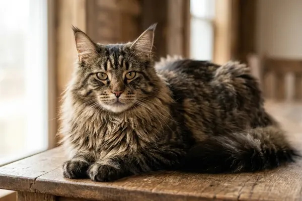 A majestic adult Maine Coon cat with a dense double coat and prominent ear tufts resting on a wooden table.