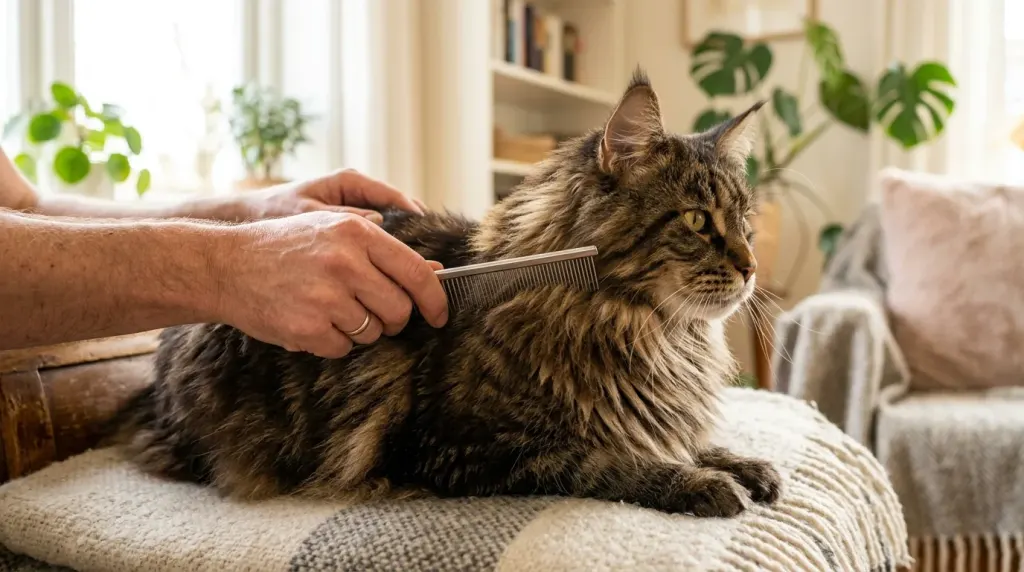Close-up view of an adult Maine Coon cat being gently groomed with a stainless steel comb.