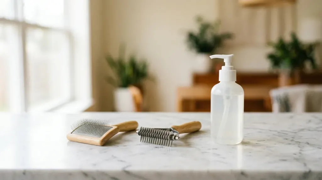 A selection of cat grooming tools including a slicker brush, undercoat rake, and cat shampoo on a countertop.