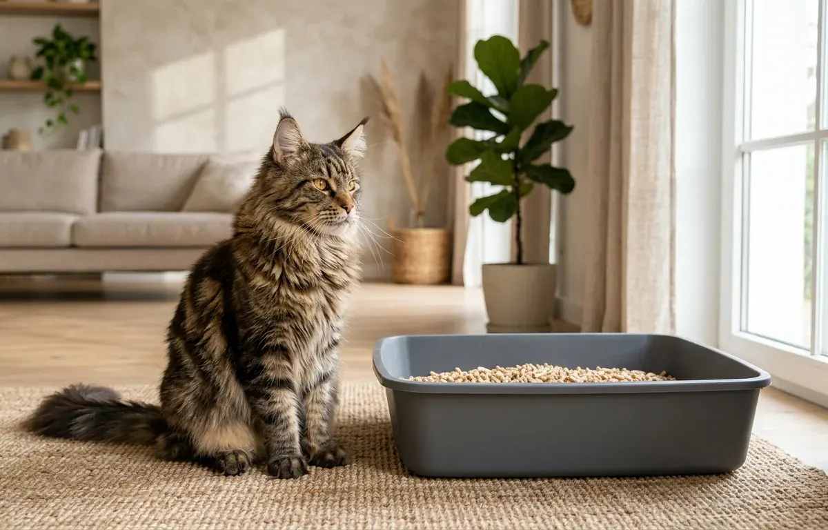 An adult Maine Coon cat sitting beside an extra-large litter box in a modern home.