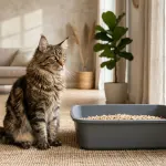 An adult Maine Coon cat sitting beside an extra-large litter box in a modern home.