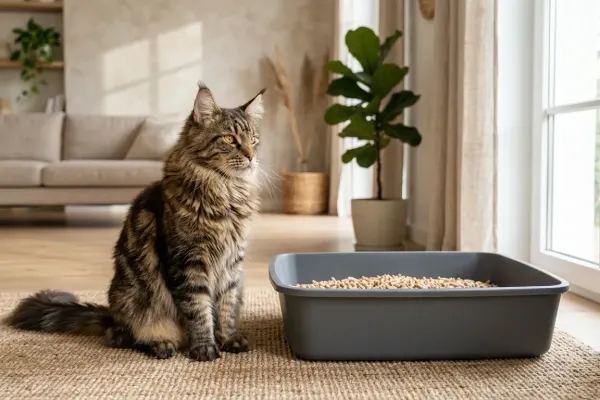 An adult Maine Coon cat sitting beside an extra-large litter box in a modern home.