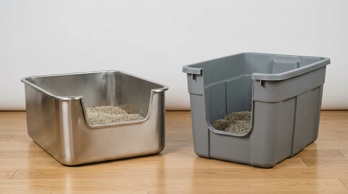 Comparison of an extra-large stainless steel litter pan and a DIY high-sided storage tote suitable for giant cats.