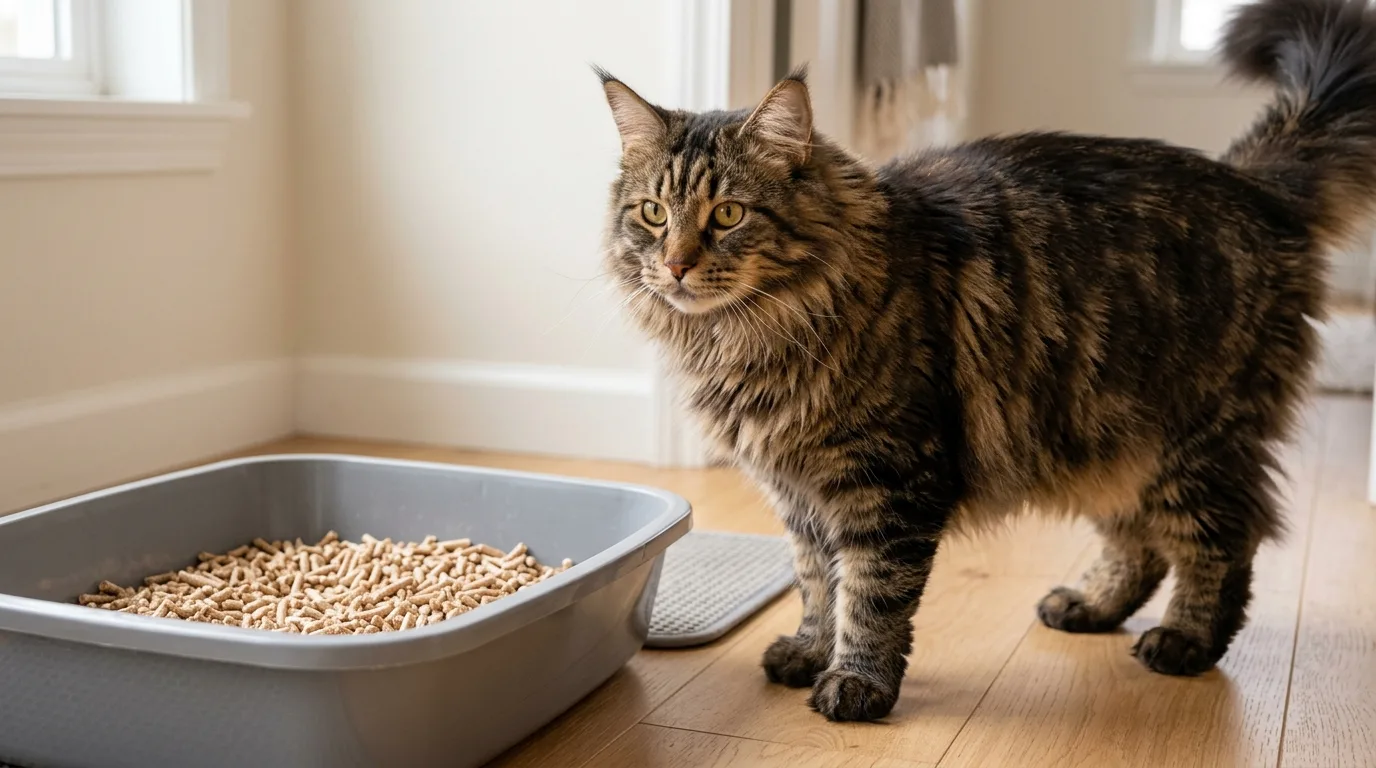 Close-up of a longhaired Maine Coon cat stepping into a low-dust litter substrate.