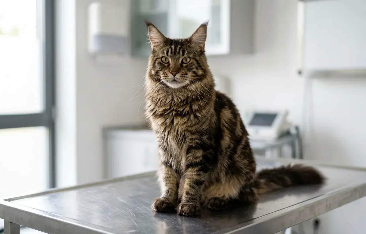 A healthy Maine Coon cat sitting on an examination table during a routine veterinary wellness checkup.