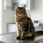 A healthy Maine Coon cat sitting on an examination table during a routine veterinary wellness checkup.