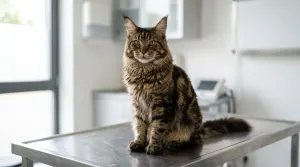 A healthy Maine Coon cat sitting on an examination table during a routine veterinary wellness checkup.