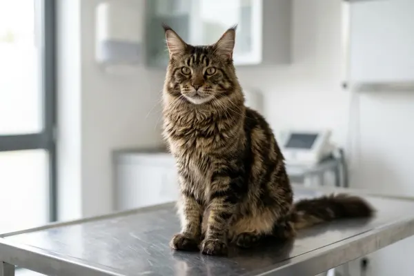 A healthy Maine Coon cat sitting on an examination table during a routine veterinary wellness checkup.