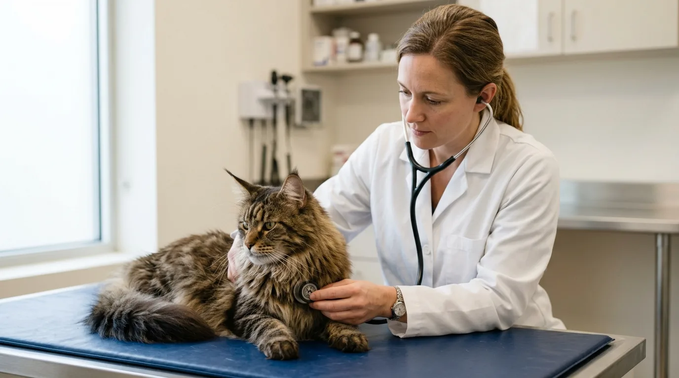 A veterinarian examining the heart and respiratory health of a Maine Coon cat using a stethoscope.