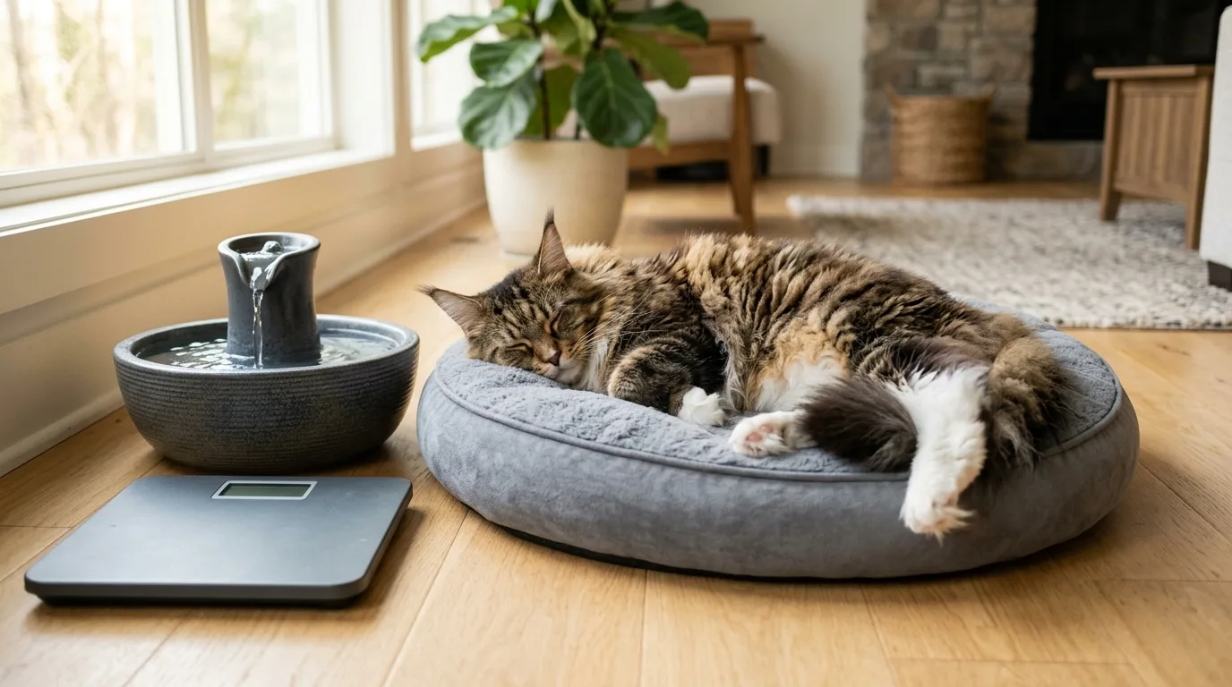 An adult Maine Coon resting on a supportive orthopedic bed next to a pet water fountain for optimal joint and kidney wellness.