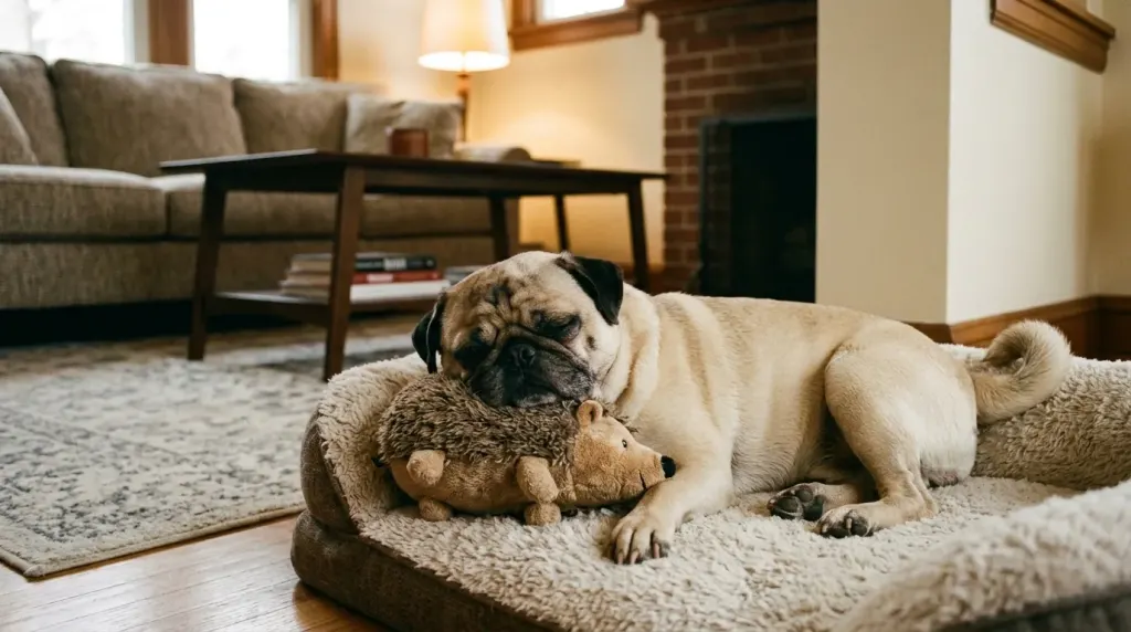 A pug sleeping heavily on a dog bed, breathing through its flat muzzle.