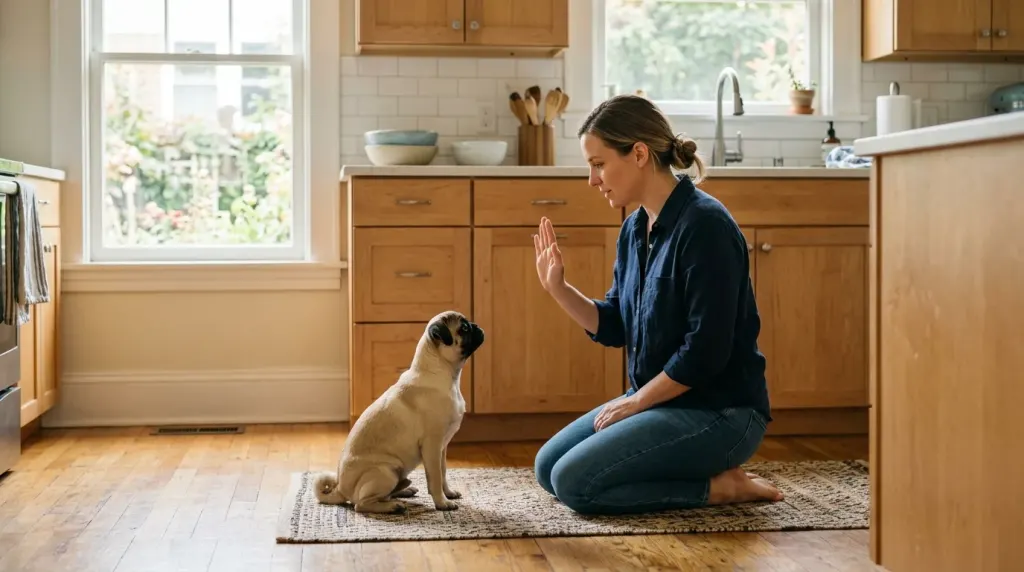 An owner training a pug to stop barking by rewarding quiet behavior.