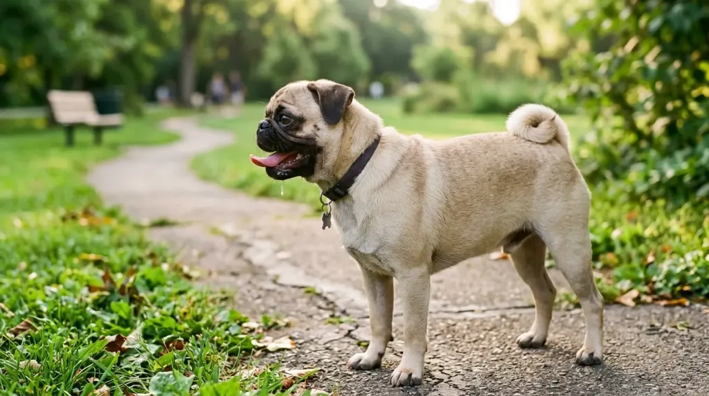 Side profile of a panting Pug outdoors showing facial structure that causes drooling