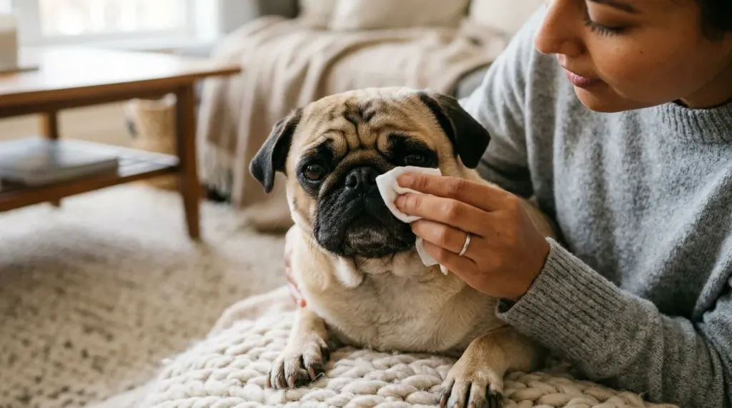 Dog owner gently wiping drool and saliva moisture from facial wrinkles of a fawn Pug
