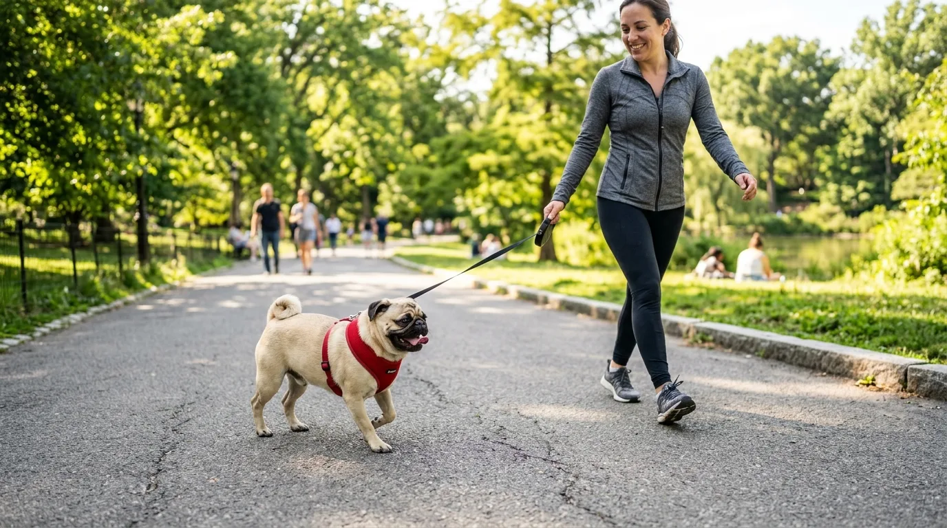 A Pug dog wearing a comfortable chest harness instead of a neck collar during a outdoor walk.