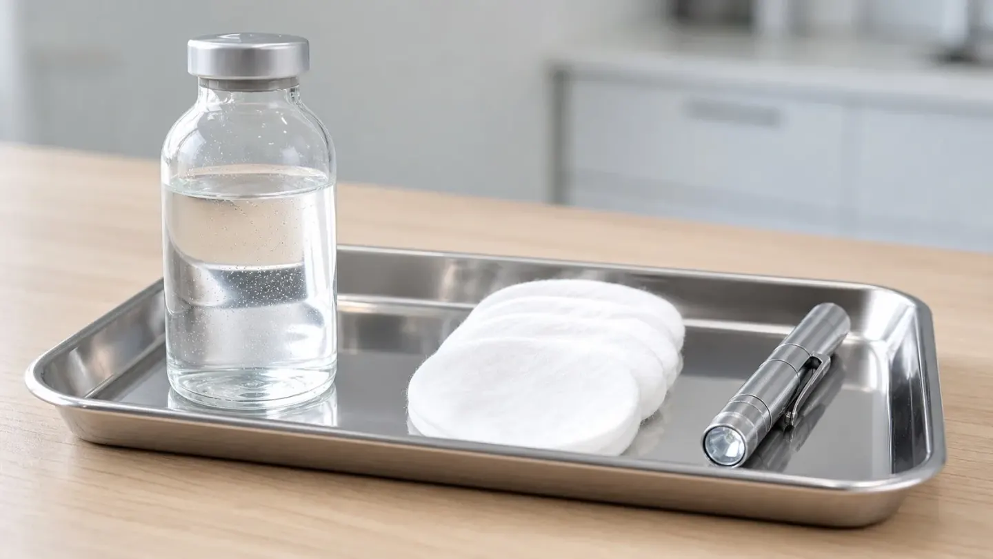 Sterile veterinary eye care supplies including saline rinse and cotton pads prepared for first aid treatment.