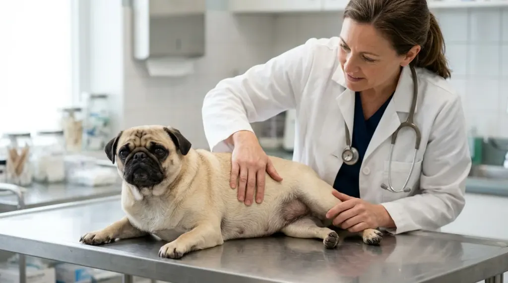 A veterinarian examining a Pug dog's stomach to find the cause of excessive farting and gas.