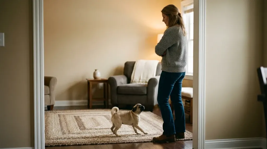 Dog owner practicing a low-arousal greeting posture by standing calmly to prevent pug excitement peeing
