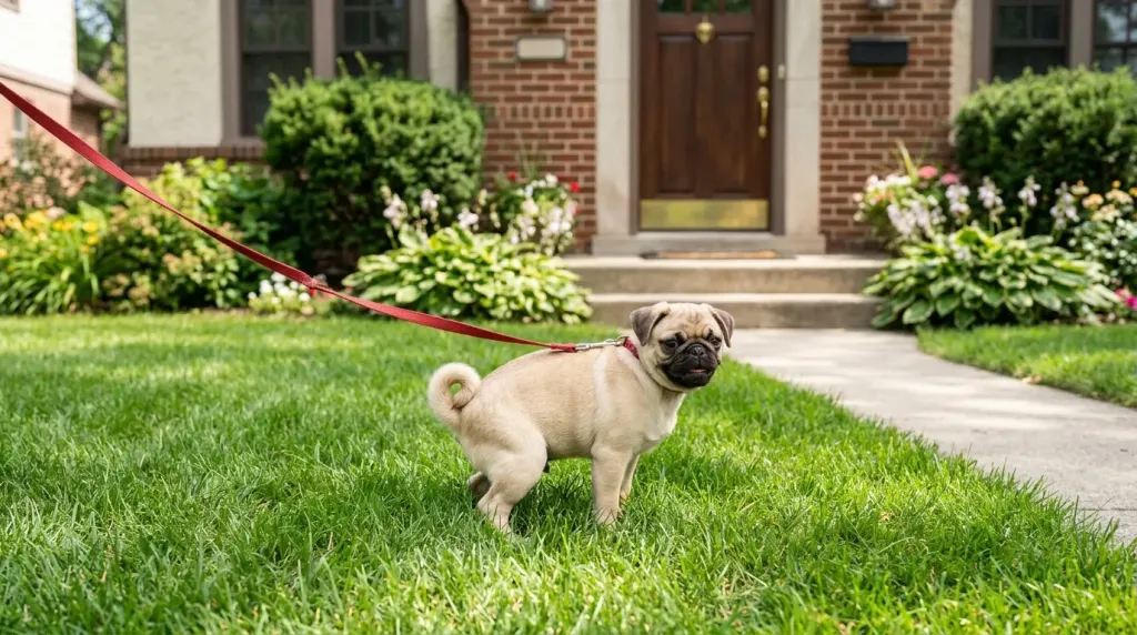Pug puppy taken outside for a scheduled bathroom break on a lawn before guest arrival