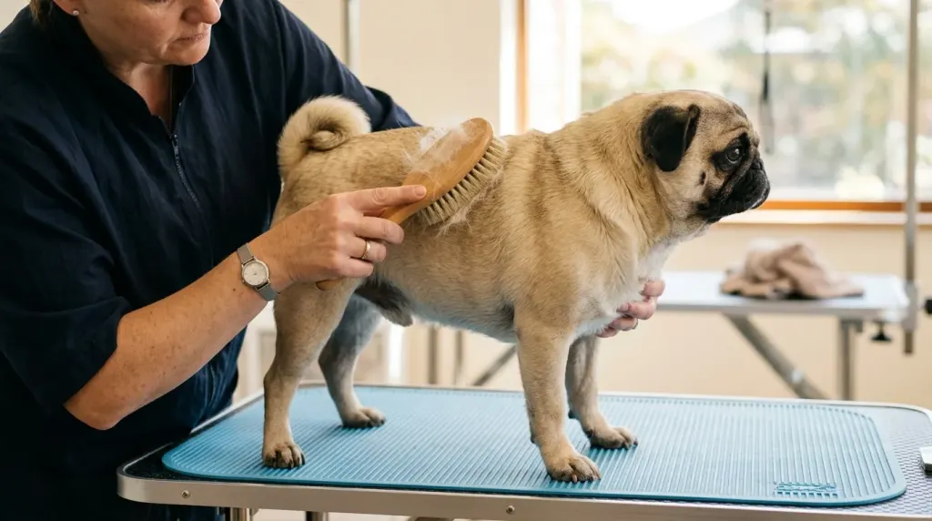 Brushing a double-coated Pug with a rubber curry brush to remove loose undercoat hair.