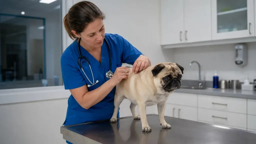 Veterinary examination of a Pug dog's skin and coat health for abnormal shedding.