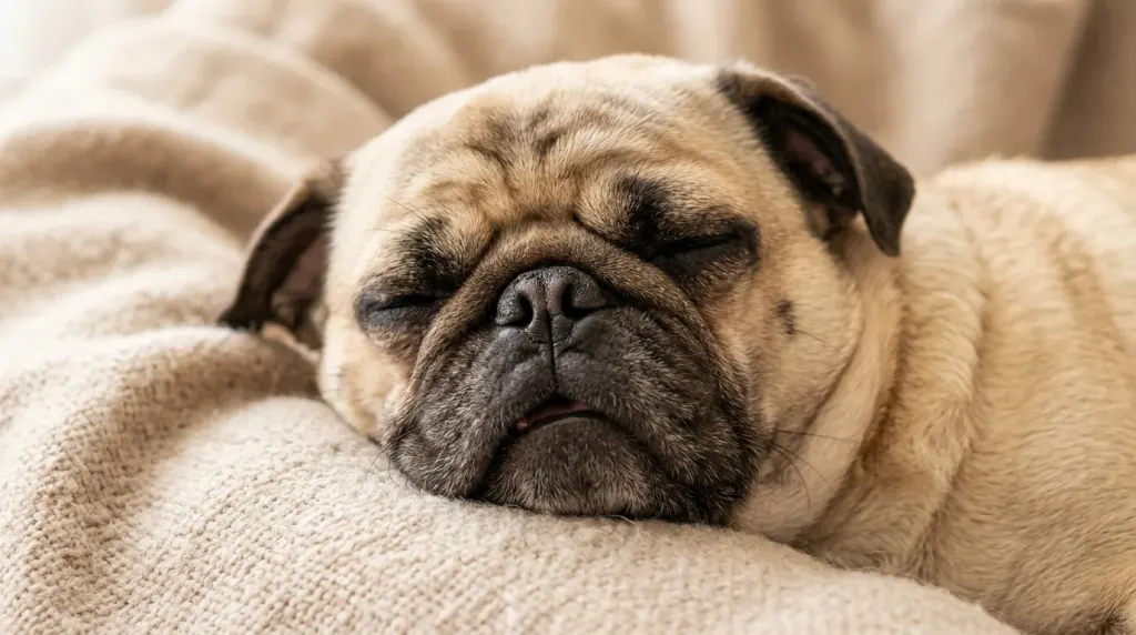 Close-up view of a sleeping Pug dog snoring due to flat-faced anatomical features and narrowed nasal passages.