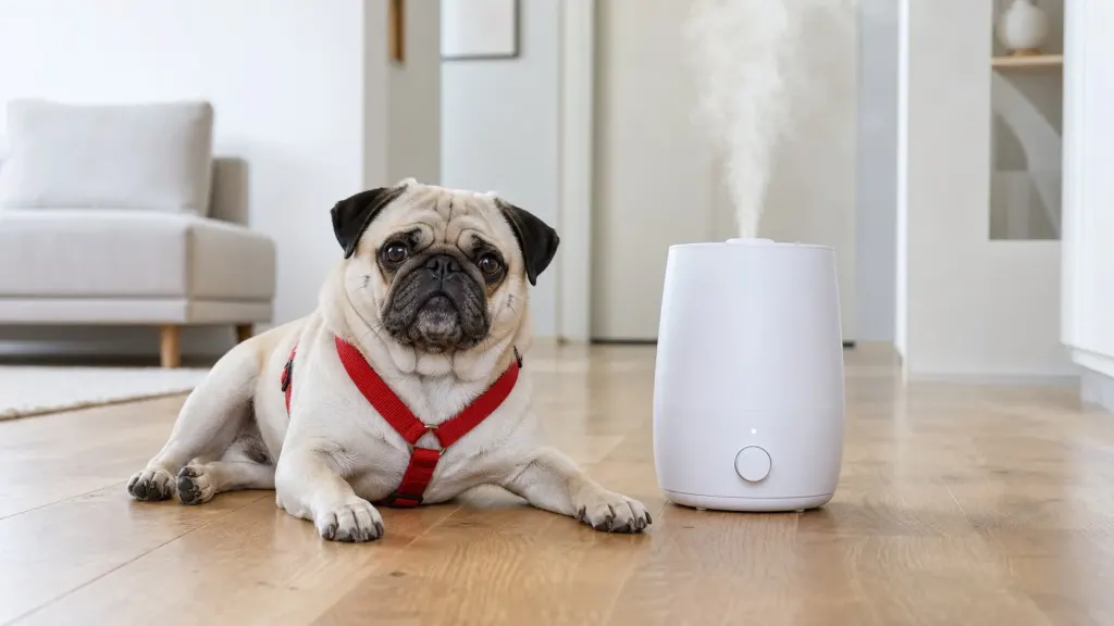 Pug wearing a chest harness resting near a cool-mist humidifier to reduce snoring and airway friction.