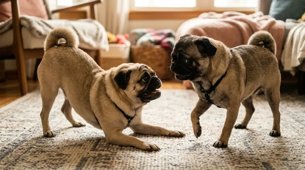 Two fawn Pugs engaging in playful interaction on a living room rug.