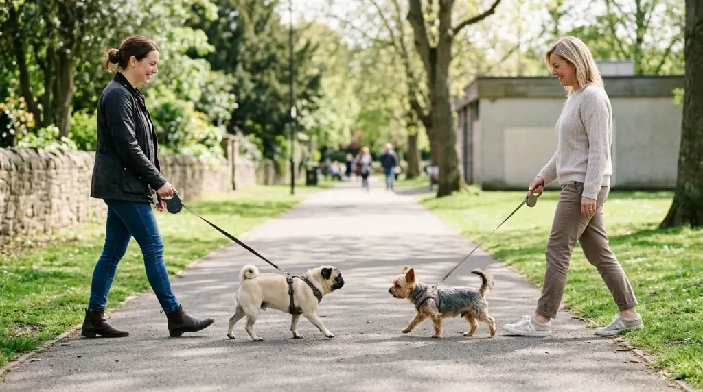 A Pug meeting another small dog on a neutral park path during a controlled introduction.