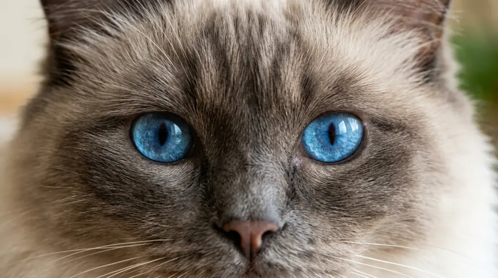 A close-up of a Ragdoll cat displaying clear blue eyes with straight optical alignment.