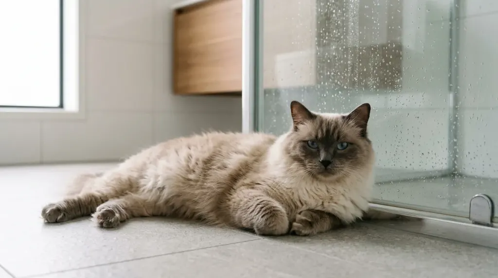 A relaxed Ragdoll cat sitting calmly near a damp glass shower enclosure