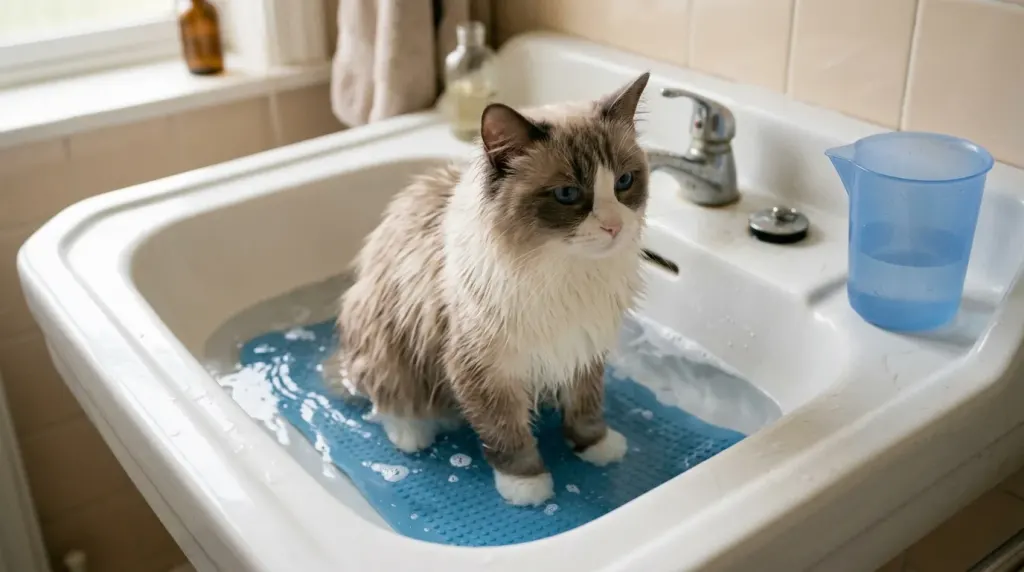A owner gently pouring warm water on a Ragdoll cat during a routine bath