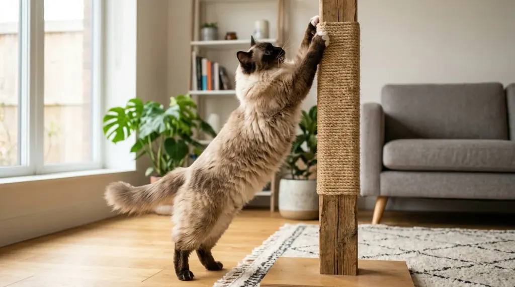 An adult male Ragdoll cat scratch training on a vertical sisal post