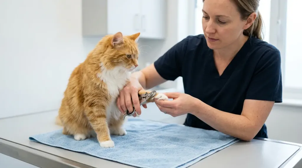 A veterinarian demonstrating nail trimming to stop a cat from scratching furniture