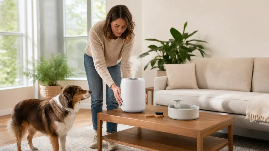 Home humidifier and grooming tools arranged for Ragdoll coat maintenance