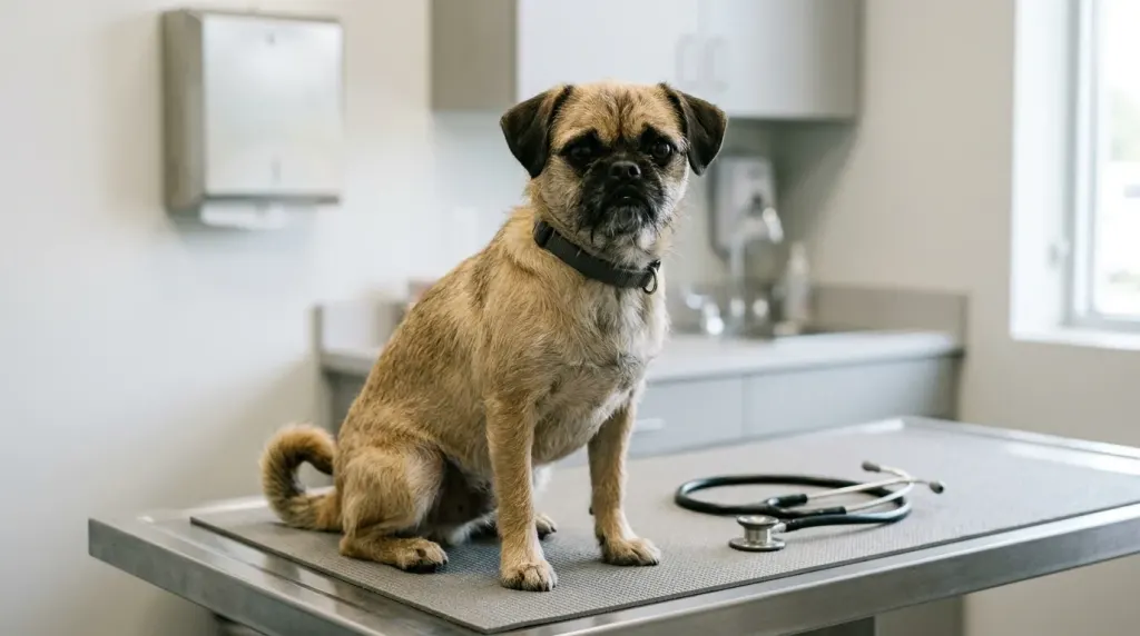 Chug dog (Pug Chihuahua mix) receiving a health checkup at a veterinary clinic