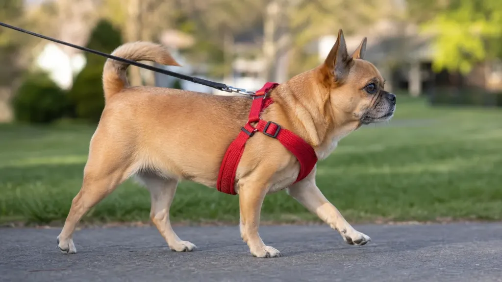 Chug dog (Pug Chihuahua mix) wearing a comfortable chest harness on a park walk