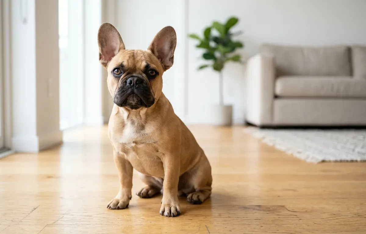 A fawn French Bulldog sitting attentively on a living room floor demonstrating typical alert and friendly behavior