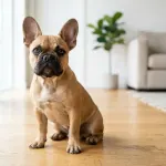 A fawn French Bulldog sitting attentively on a living room floor demonstrating typical alert and friendly behavior