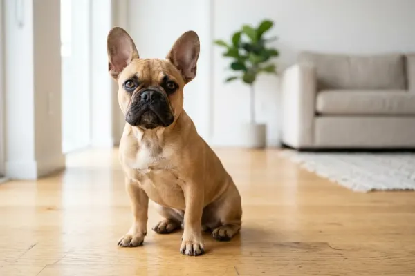 A fawn French Bulldog sitting attentively on a living room floor demonstrating typical alert and friendly behavior