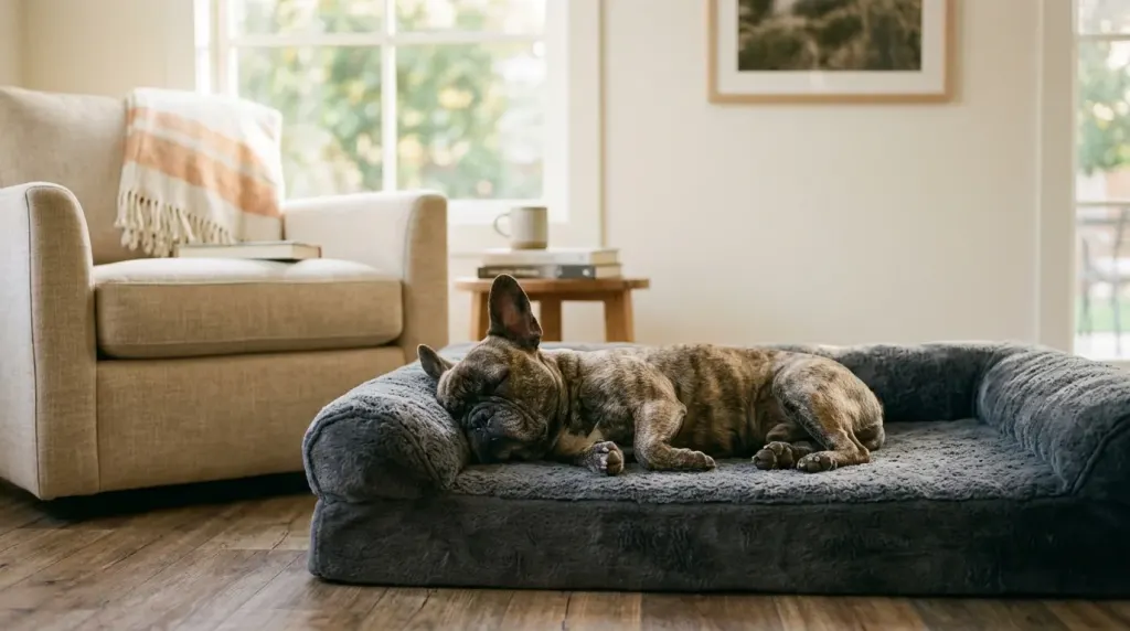 A brindle French Bulldog resting comfortably on a dog bed showing calm resting behavior