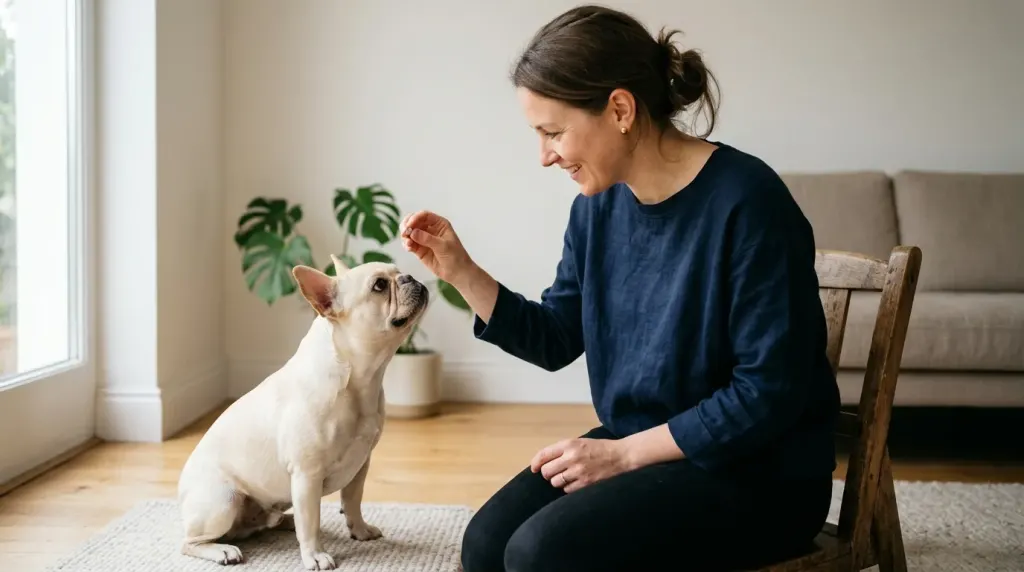 A dog owner using positive reinforcement training to guide calm indoor behavior in a French Bulldog