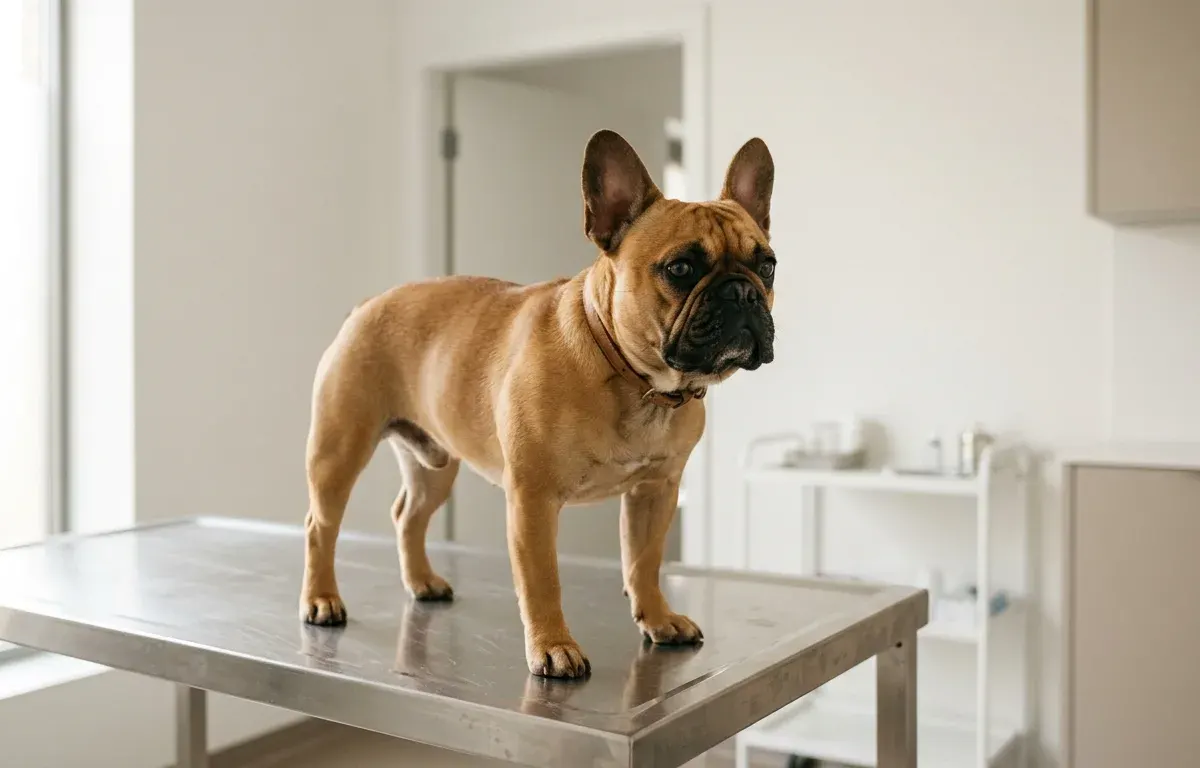 A healthy adult French Bulldog undergoing a pre-breeding health evaluation in a veterinary clinic