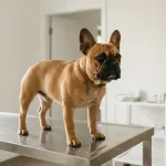 A healthy adult French Bulldog undergoing a pre-breeding health evaluation in a veterinary clinic