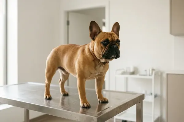 A healthy adult French Bulldog undergoing a pre-breeding health evaluation in a veterinary clinic