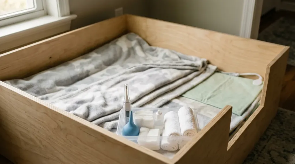A prepared whelping box with clean blankets and essential care supplies for French Bulldog delivery